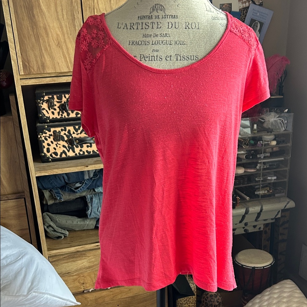 Women's Pink Lace Sleeve Top - Large